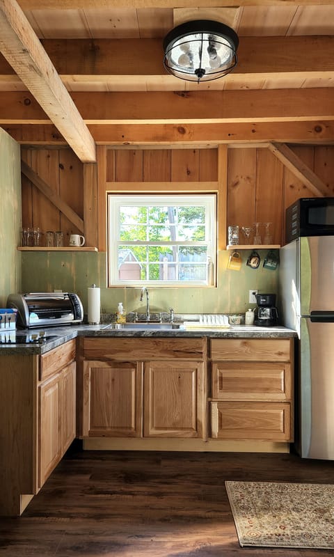 Kitchen includes a 2 burner counter top stove, toaster oven, and microwave.