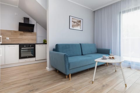 The living area features a sleek coffee table and a flat-screen television.