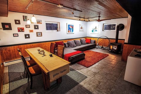 Living room with fireplace on