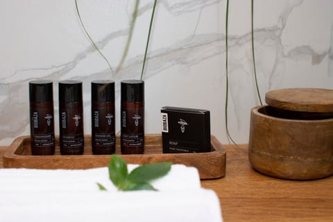 Designer toiletries, hair dryer, towels, soap