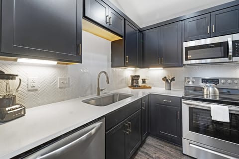 Full-size fridge, microwave, oven, stovetop