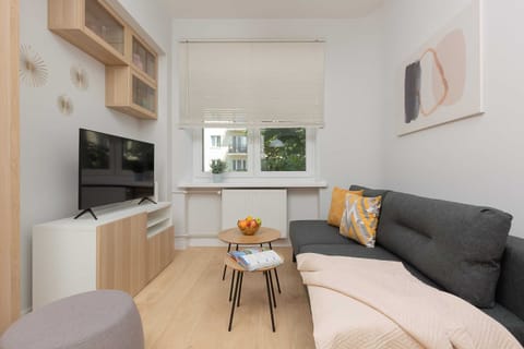 The living area has a comfortable green sofa next to which stands a coffee table. A flat-screen TV is visible opposite for evening entertainment.