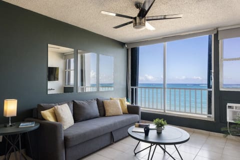 Comfortable sofa bed in living area with breathtaking oceanviews