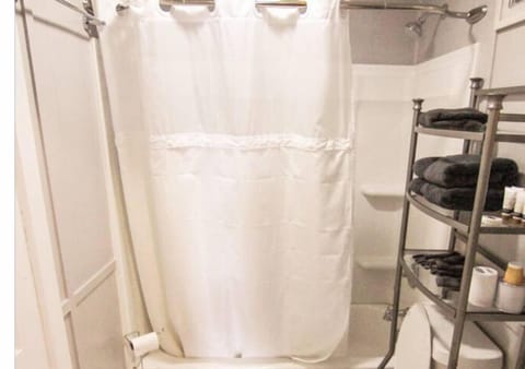 Bathroom with shower and tub, stackable washer and dryer in bathroom closet