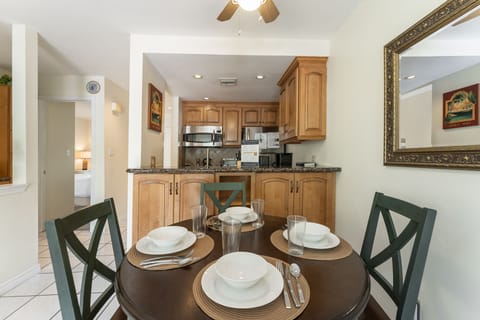 Dining table seats for four.