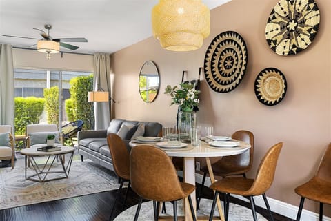 Spacious dining and living room from across the kitchen 