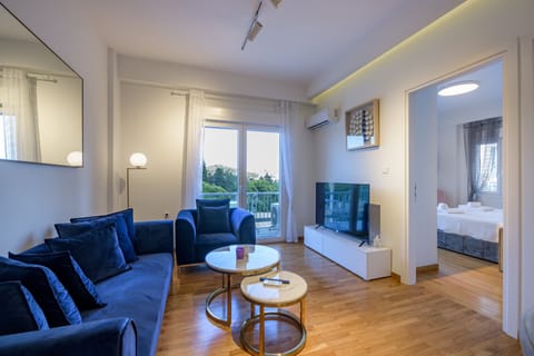 Spacious living room with smart TV