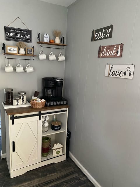 Coffee Bar: K-cups, hot cocoa, Tea Bags, creamer, honey& sugar are provided.