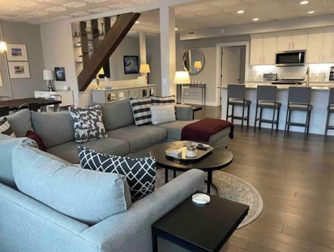 Sectional sofa has pull out bed.