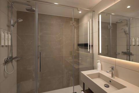 Shower, free toiletries, hair dryer, towels