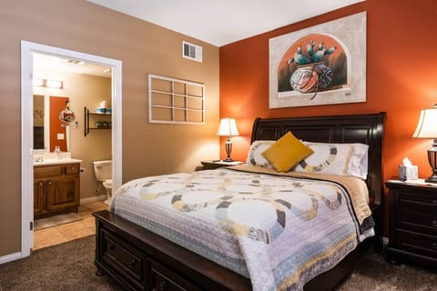 This primary queen bed is heaven.  Attached bath.