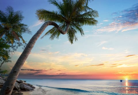 Private beach, white sand, sun loungers, beach umbrellas