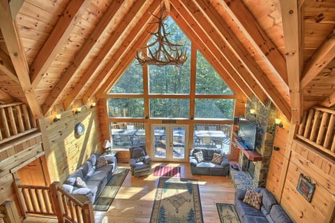 Hidden Valley Lodge Great Room, from Loft Level, looking toward rear of property
