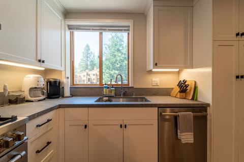 Chef's kitchen includes Henckels knives and a dishwasher.