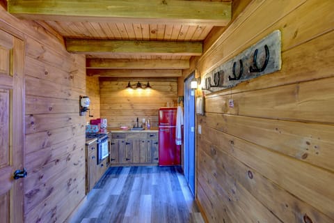 The kitchen in the Cabin. We LOVE this retro fridge!