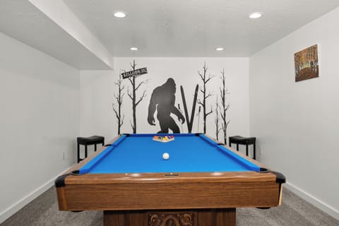Fun game room with pool table and playful mountain-inspired mural