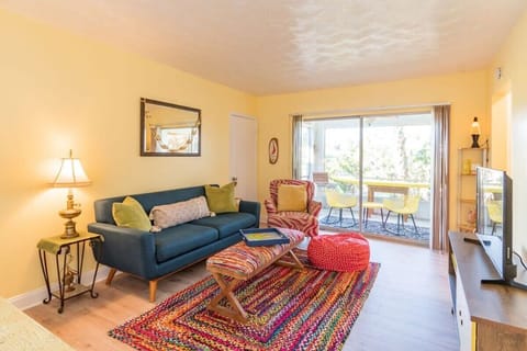 Bright living room with colorful rug and sliding glass doors to a sunlit patio.