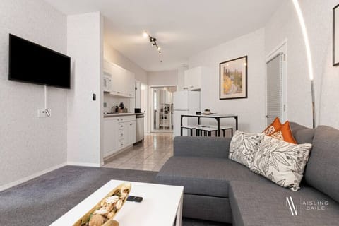 Living room with a Smart TV, walkout access to the private balcony, an air-conditioning unit in the window and a cozy couch with a pull-out sleeper sofa (all bedding provided.)