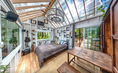The Stabbin Cabin #2
Sun-drenched and adorned with Restoration Hardware furniture. a comfy bed with an electric blanket.
Press the button to drop down the motorized movie screen over the front window and enjoy a cinematic, surround sound, experience