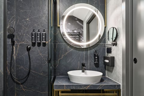 Shower, rainfall showerhead, designer toiletries, hair dryer