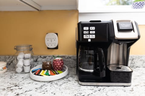 We provide a coffee maker, tea bags, and other condiments,