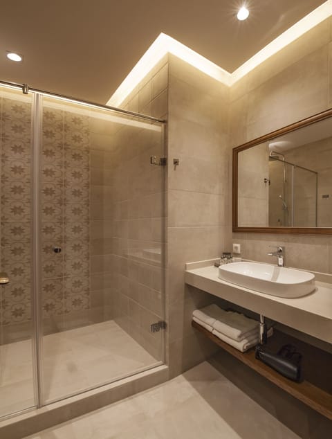 Shower, eco-friendly toiletries, hair dryer, slippers