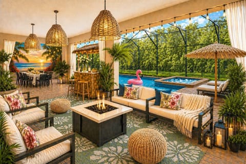 Relax in a private tropical oasis with a pool, spa, fire pit, and stylish lounge