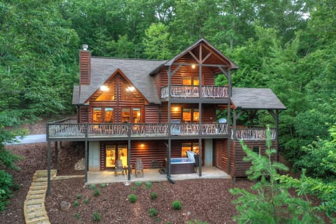 3-story Log Finished Deck with Hot Tub, Firepit, and Secluded Scenery.