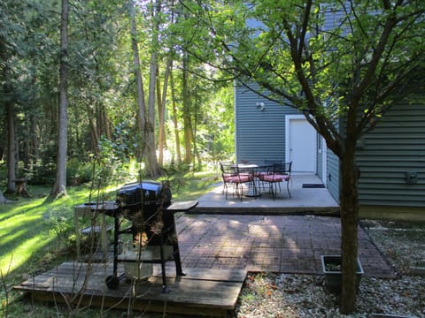 Backyard patio with table and grill space