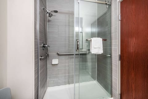 Combined shower/tub, free toiletries, hair dryer, towels