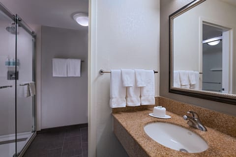 Combined shower/tub, free toiletries, hair dryer, towels