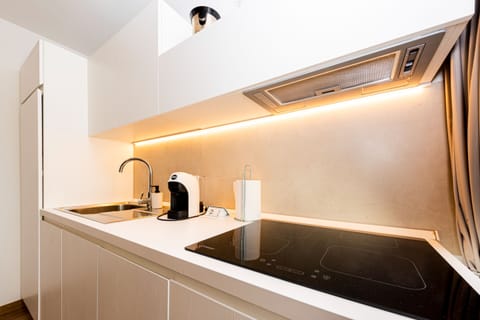 Full-size fridge, oven, stovetop, dishwasher