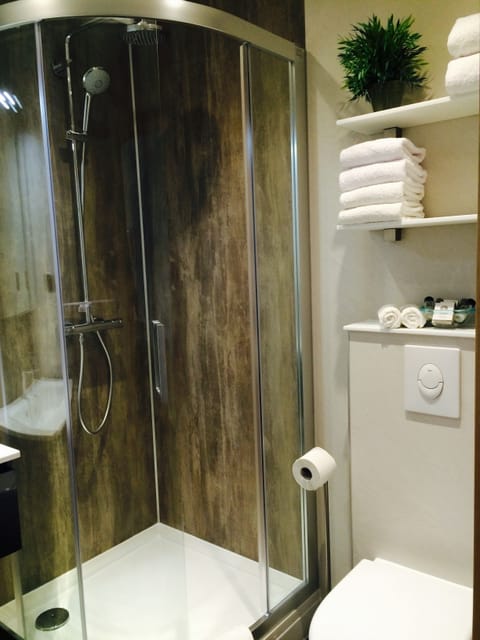 Shower, rainfall showerhead, free toiletries, hair dryer