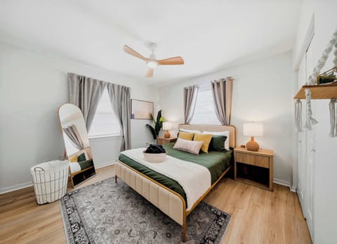 This bedroom blends modern comfort with relaxed bohemian vibes. Your ultimate relaxation station awaits!