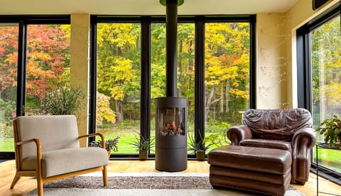 Backyard and woodland views from living room, kitchen, and dining room