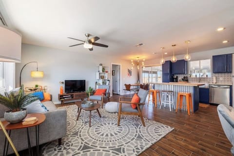 Living room with dining area and kitchen