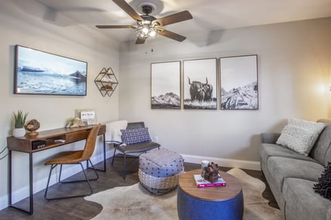Living room with smart TV and queen pullout couch. The console doubles as a desk