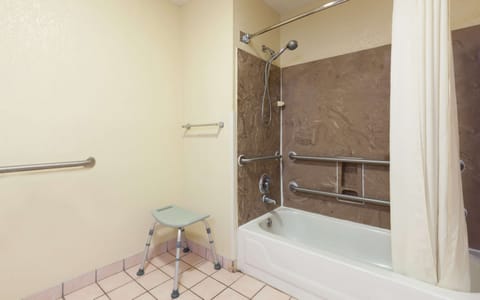 Combined shower/tub, hair dryer, towels, soap
