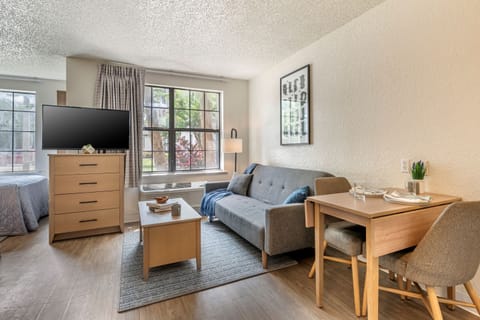 Premium Room, 1 Queen Bed, Roll-in Shower | Living area | 49-inch flat-screen TV with satellite channels