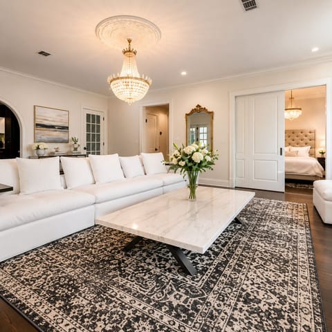 A refined living room adorned with a plush, cloud-like sofa that invites relaxation, complemented by the warm, timeless ambiance of a wood-burning fireplace, offering both comfort and elegance in perfect harmony.