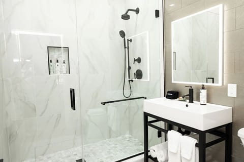 Luxury Studio, 1 King Bed (Room 4) | Bathroom | Shower, rainfall showerhead, hair dryer, bathrobes