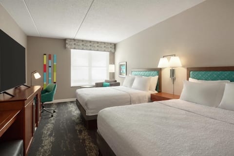 Desk, laptop workspace, blackout drapes, iron/ironing board