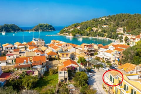 Aerial view of Lakka showing location of Niki Studio Ena