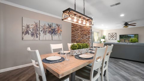Enjoy dinner together, total 10 people 
(6 shown + 2 extra chairs + 2 stools)