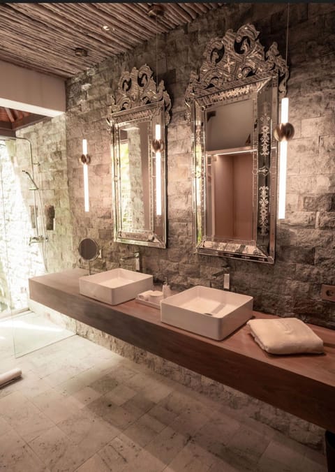 Shower, rainfall showerhead, hair dryer, bathrobes