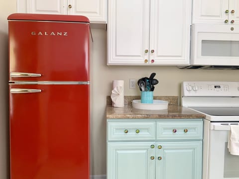 Full equipped modern kitchen with retro refrigerator 
