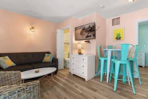Newly renovated kitchen/living room with flatscreen smart TV, stove, refrigerator, microwave and sleeper sofa
