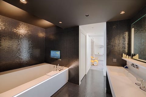 Shower, rainfall showerhead, eco-friendly toiletries, hair dryer