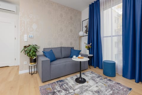 A cozy living room with a gray sofa, blue curtains, and a small round coffee table placed on a patterned rug.

