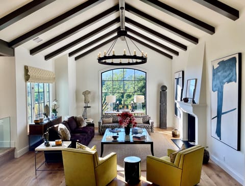 Our Living Room With Gas Fireplace Has New RH and Mitchell Gold furnishings.